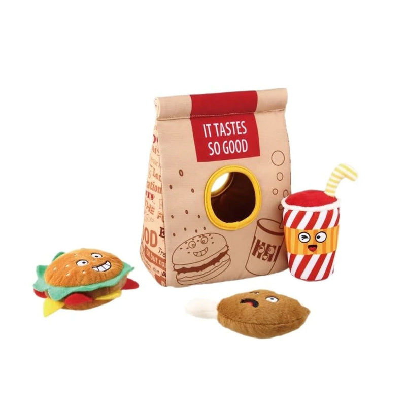 GiGwi Hide &amp; Seek Fast Food Bag with plush Hamburg, Coke &amp; Fried Chicken inside