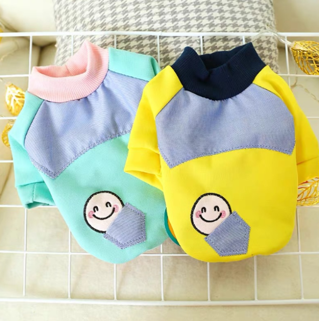 HM Smiley in Pocket Yellow & Blue Tee - T shirt For Small Dogs & Puppies